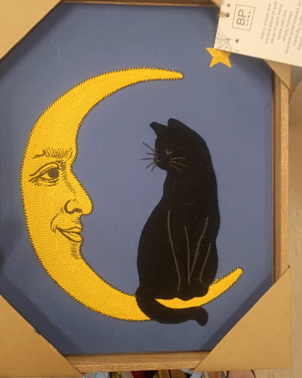 BP Woven Tapestry Black Cat on Yellow Moon Wall Art – Blue Background